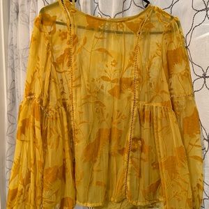 Anthropologie golden yellow velvet floral sheer blouse